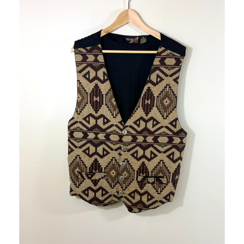 Vintage Thums Up Tapestry Vest Mens Size XL Tobacco Brown Aztec Southwest